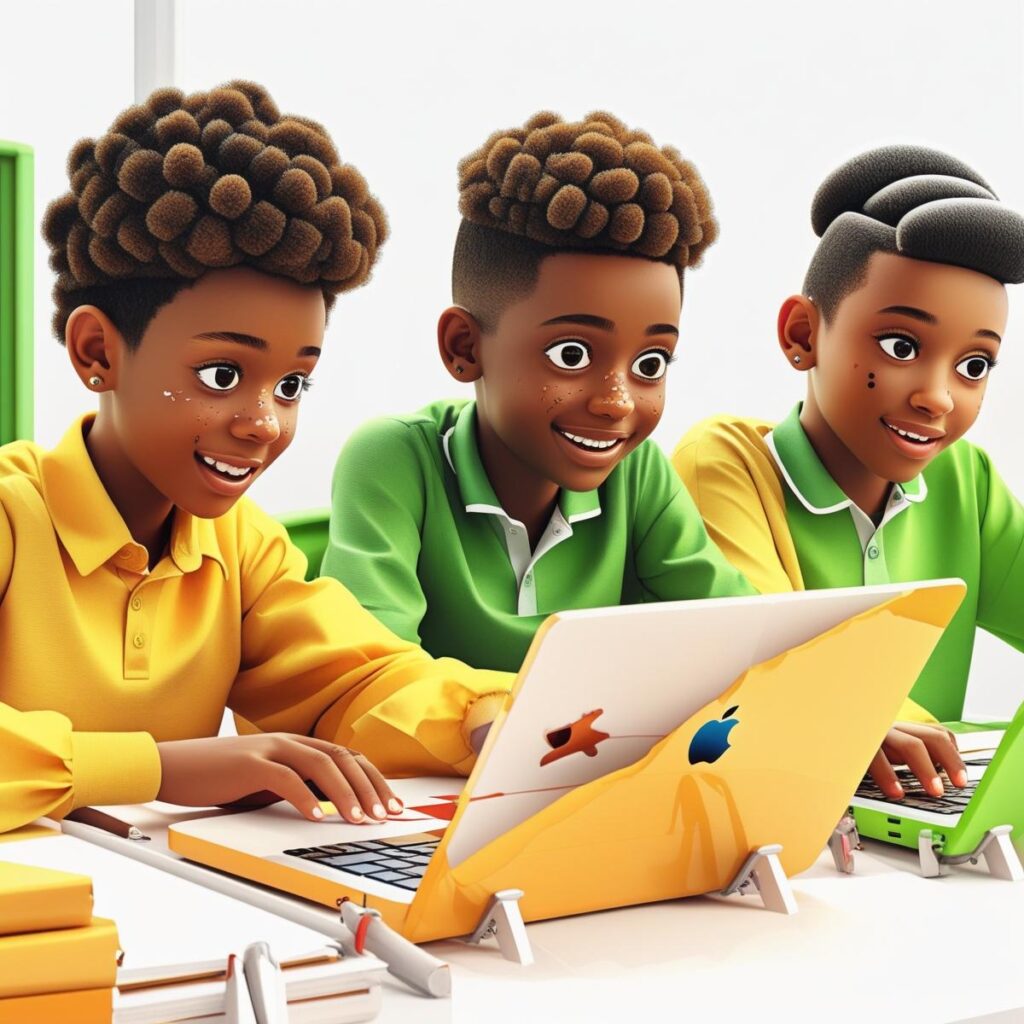 3 young students learning with laptops in the style of the attached image (1)